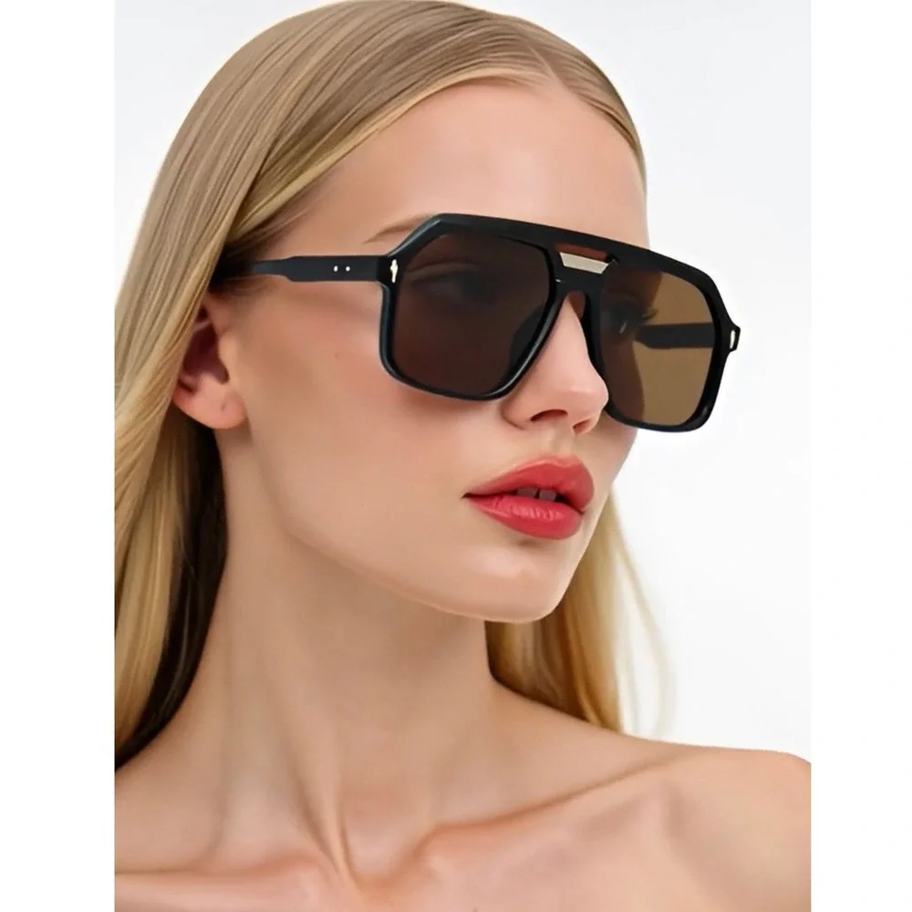 Oversized Flat Top Aviator Sunglasses Black Frame Brown Lens Square Shield 142mm